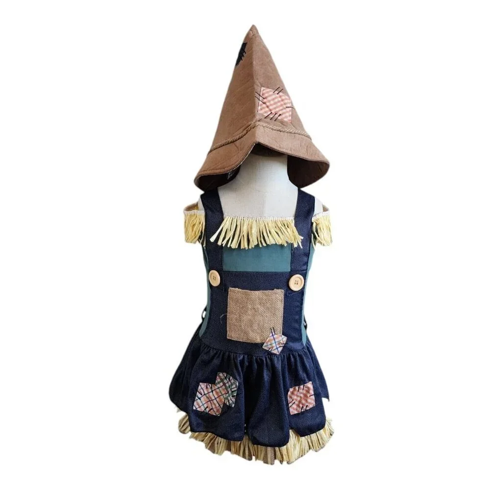 Wizard of Oz Scarecrow Patchwork Straw Hay Dress Halloween Costume w/Hat S/4-6